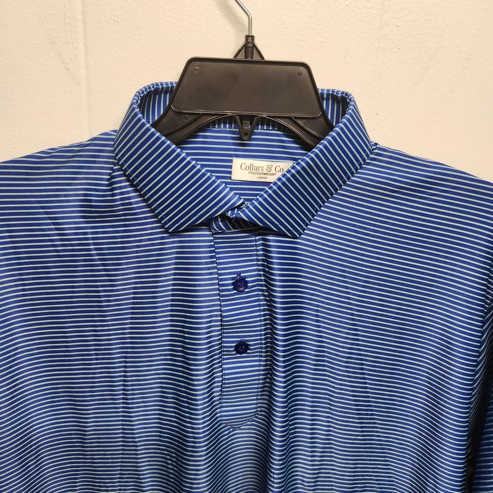 Collars & Co. Polo Shirt Mens Large Blue Featherweight Dress Collar Striped Golf - Picture 2 of 10